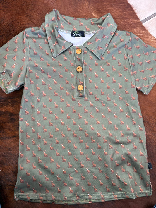 Dark Green Deer Collared Boy Shirt